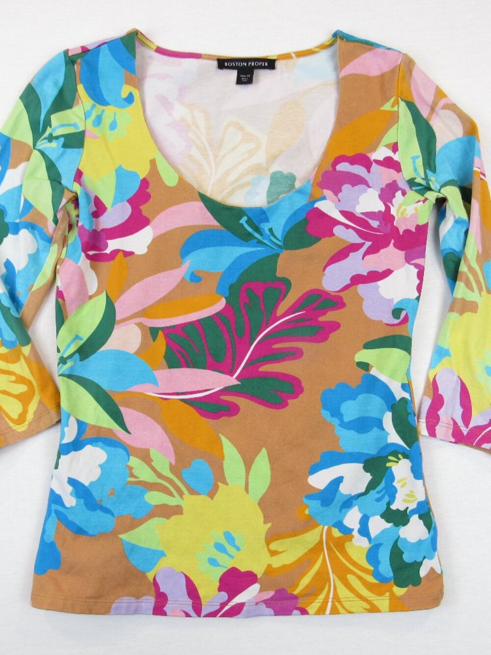 Boston Proper Women's Top Size XS 3/4 Sleeve Floral Multicolored Stretch